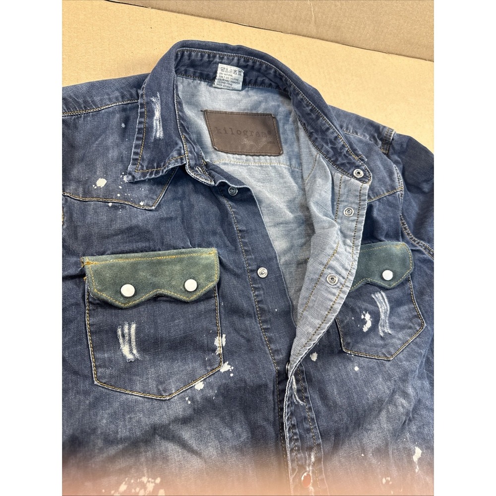 Distressed Western Pearl snap Denim Button-Up Shirt Size Medium, Kilogram - Picture 6 of 9